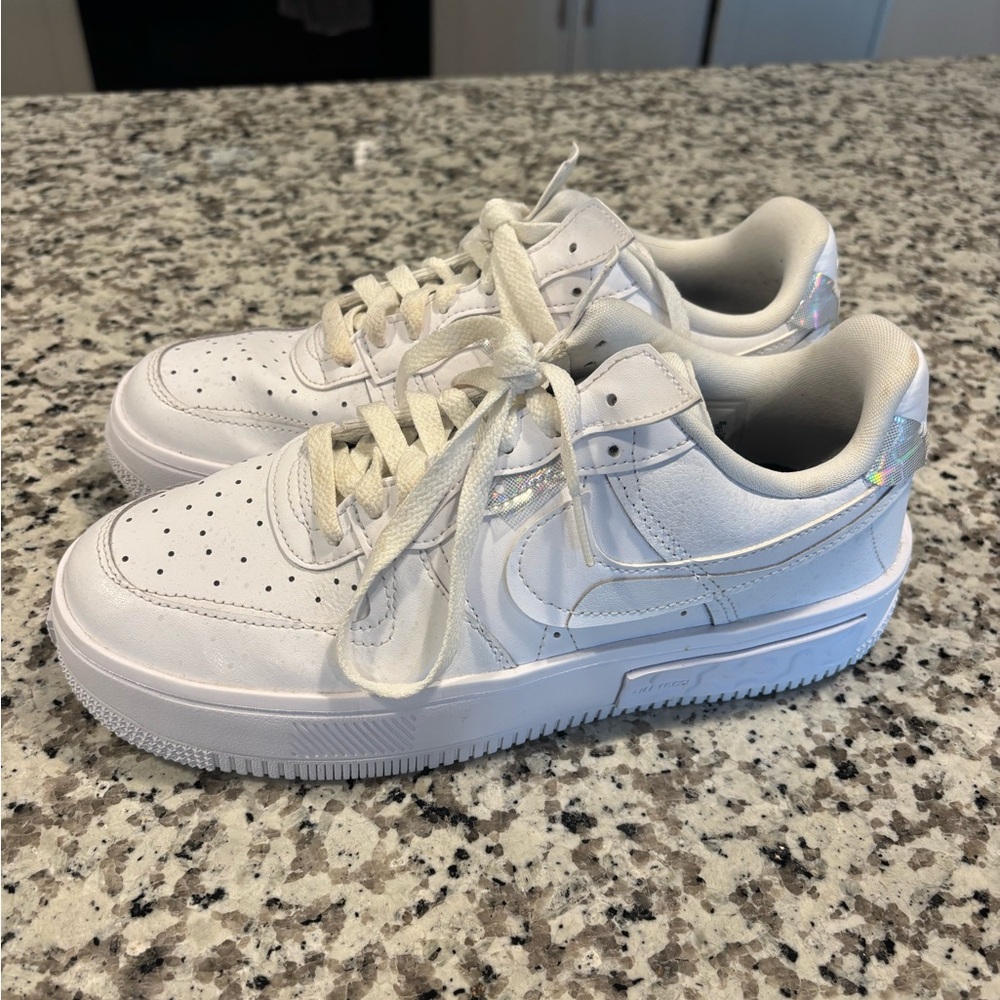 Nike White Airforce Ones Sneakers with Iridescent Touch